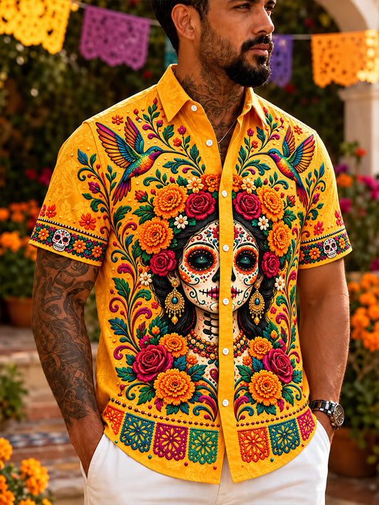 Camisa de manga corta con estampado de día de muertos de México para hombre