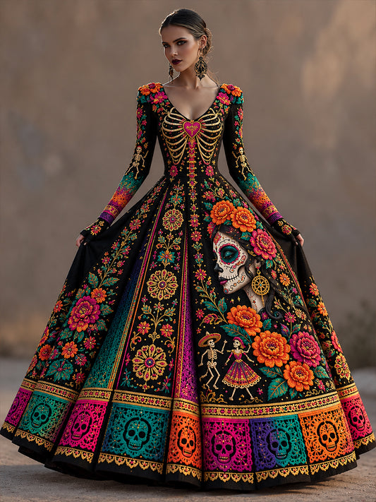 Vestido largo de Día de Muertos mexicano para mujer
