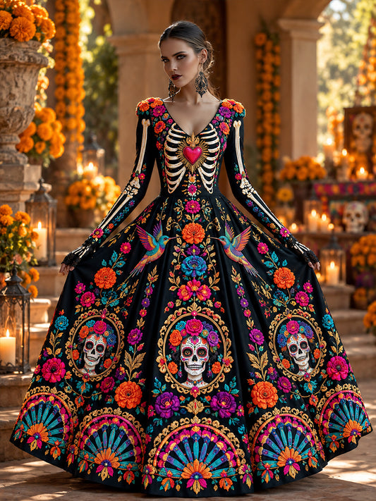 Vestido largo de Día de Muertos mexicano para mujer