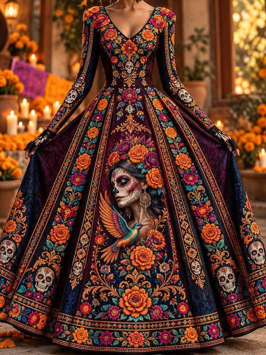 Vestido largo de Día de Muertos mexicano para mujer