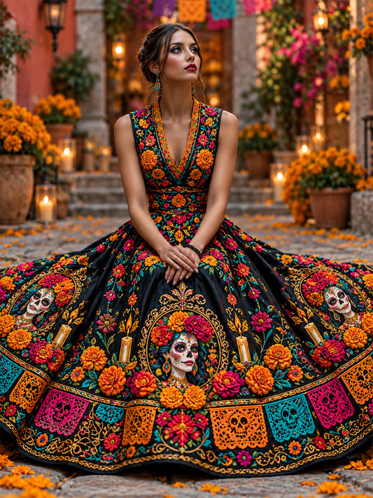 Vestido estampado de Día de Muertos mexicano para mujer
