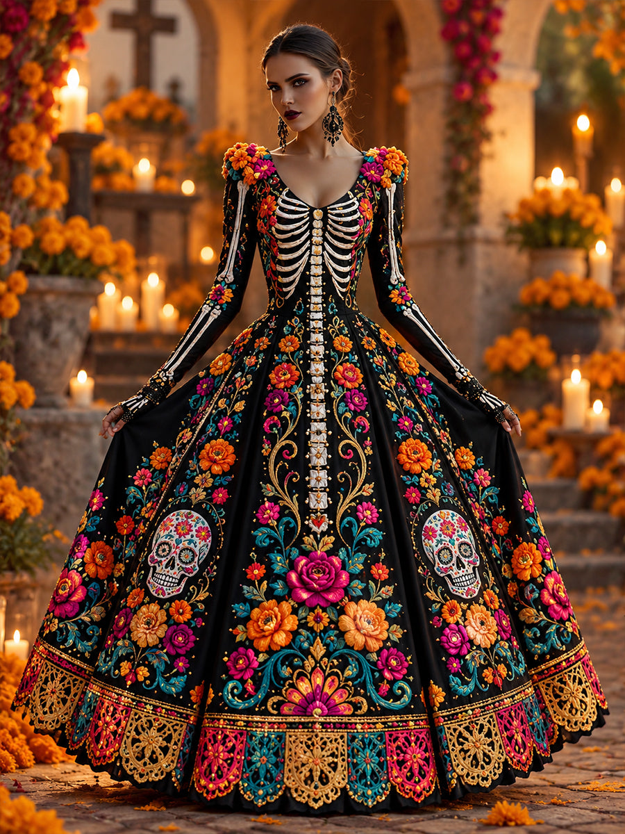 Vestido largo de Día de Muertos mexicano para mujer