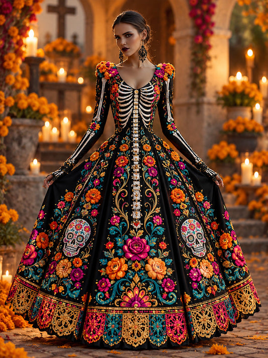 Vestido largo de Día de Muertos mexicano para mujer