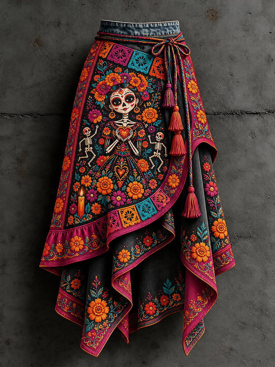 Falda irregular estampada con diseño artístico del Día de los Muertos de México para mujer