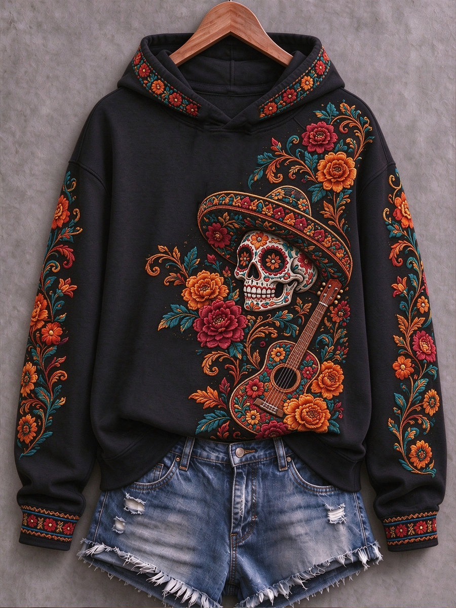 Sudadera regular con estampado floral de Día de Muertos mexicano para mujer