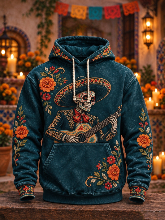 Día de México de los hombres del arte floral muerto impreso sudadera con capucha con bolsillos