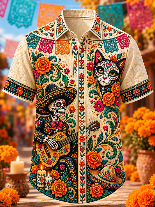 Camisa de manga corta estampada con diseño del Día de los Muertos mexicano para hombre