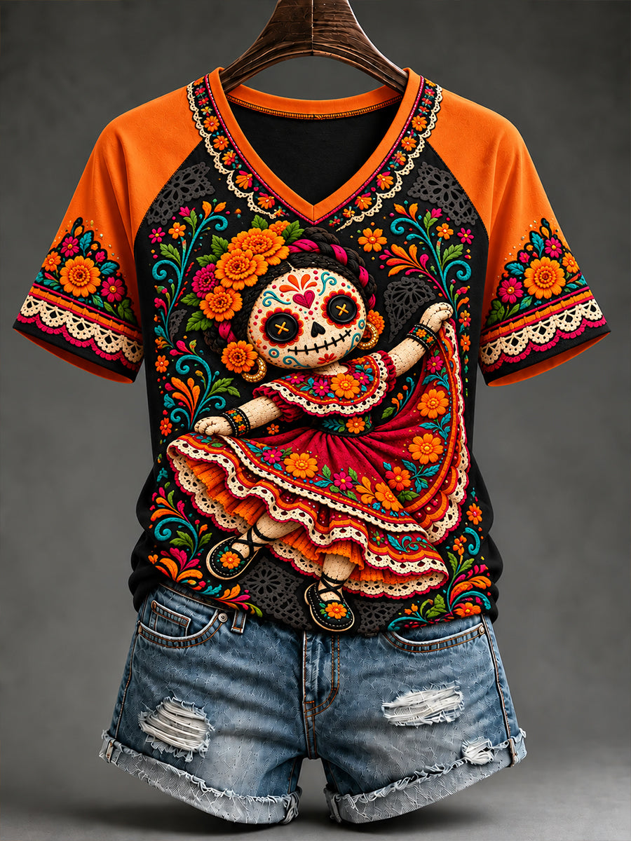 Camiseta de manga corta con cuello en V para mujer de México