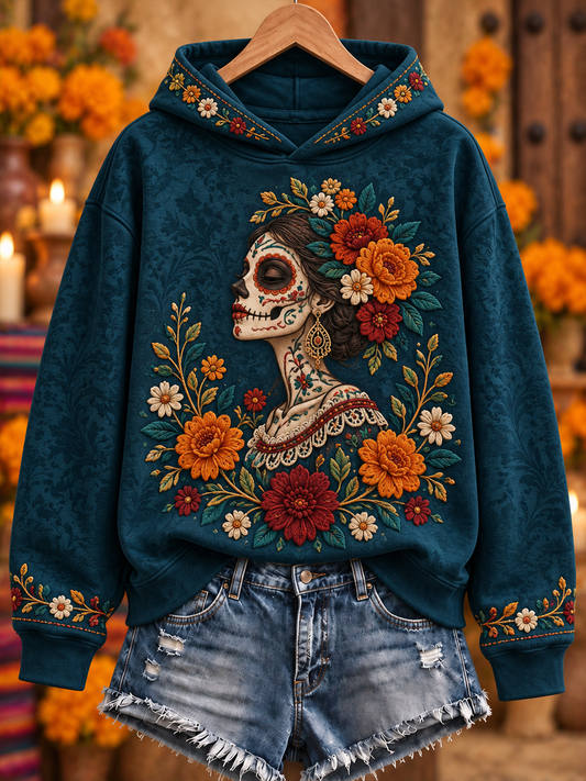 Sudadera regular con estampado floral de Día de Muertos mexicano para mujer