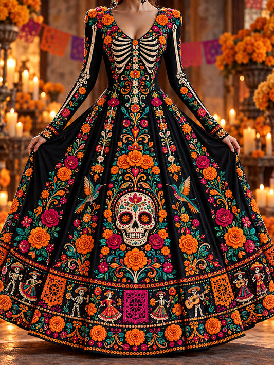 Vestido largo de Día de Muertos mexicano para mujer