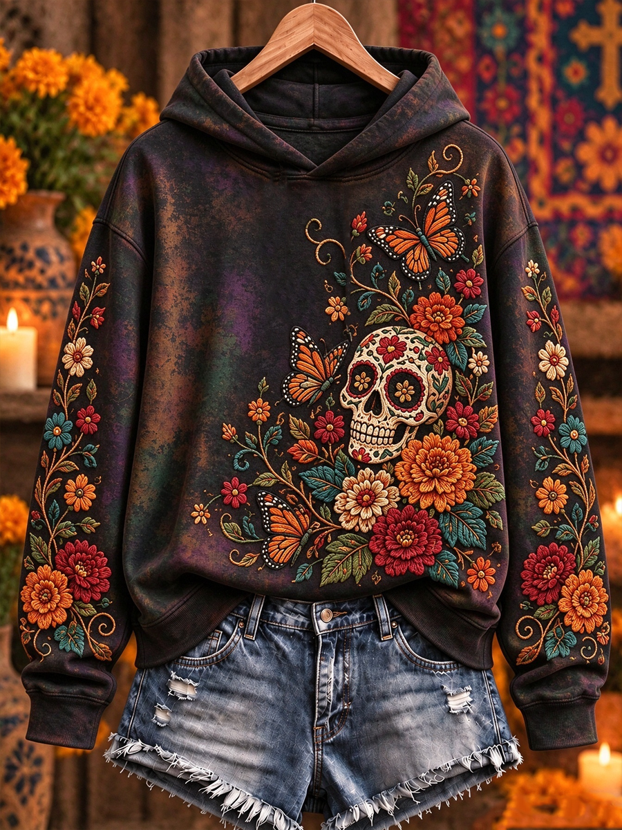 Sudadera regular con estampado floral de Día de Muertos mexicano para mujer