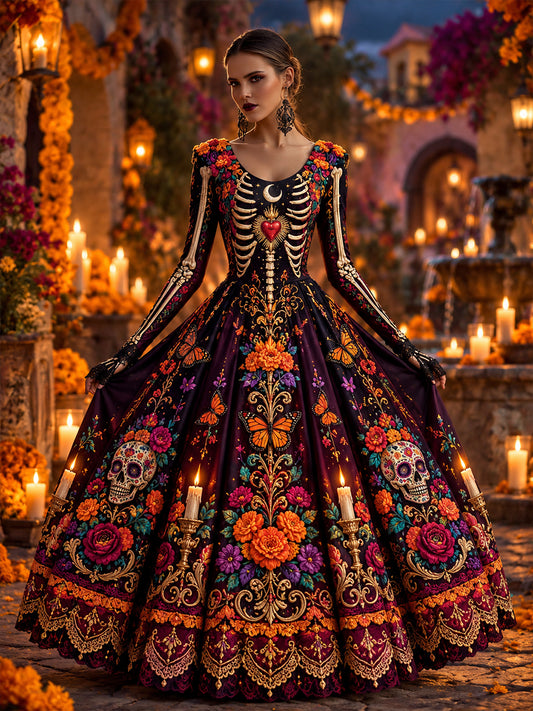 Vestido largo de Día de Muertos mexicano para mujer