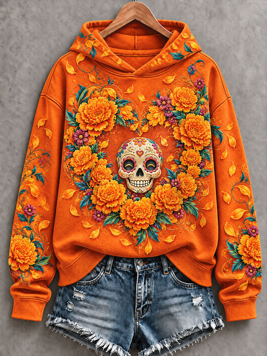 Sudadera con capucha estampada con diseño floral del Día de los Muertos mexicano para mujer