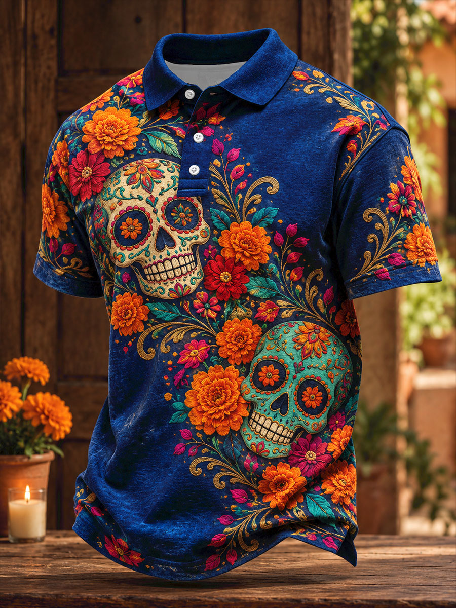 Camisetas casuales para hombre con estampado floral del Día de los Muertos mexicano