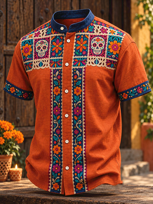 Camisa estampada con diseño floral del Día de los Muertos mexicano para hombre