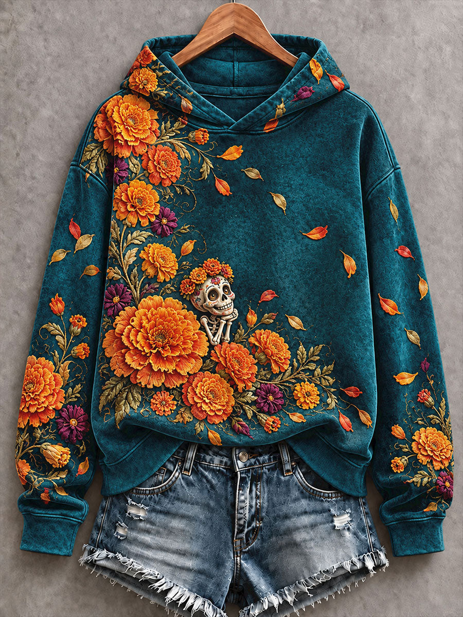 Sudadera con capucha estampada con diseño floral del Día de los Muertos mexicano para mujer
