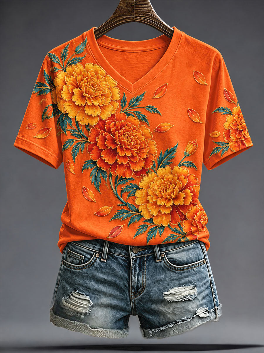 Camiseta estampada con diseño floral del Día de los Muertos mexicano para mujer