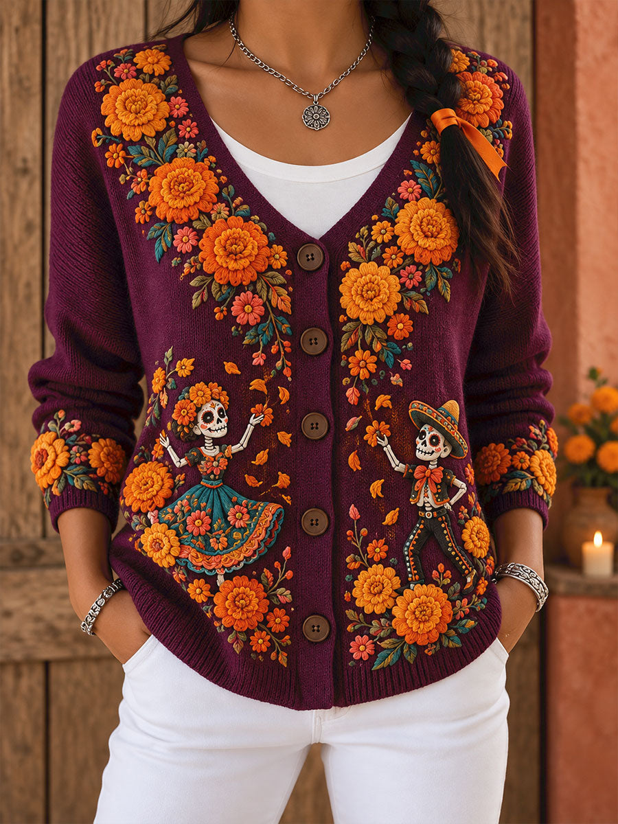 Cárdigan estampado con diseño floral del Día de los Muertos mexicano para mujer
