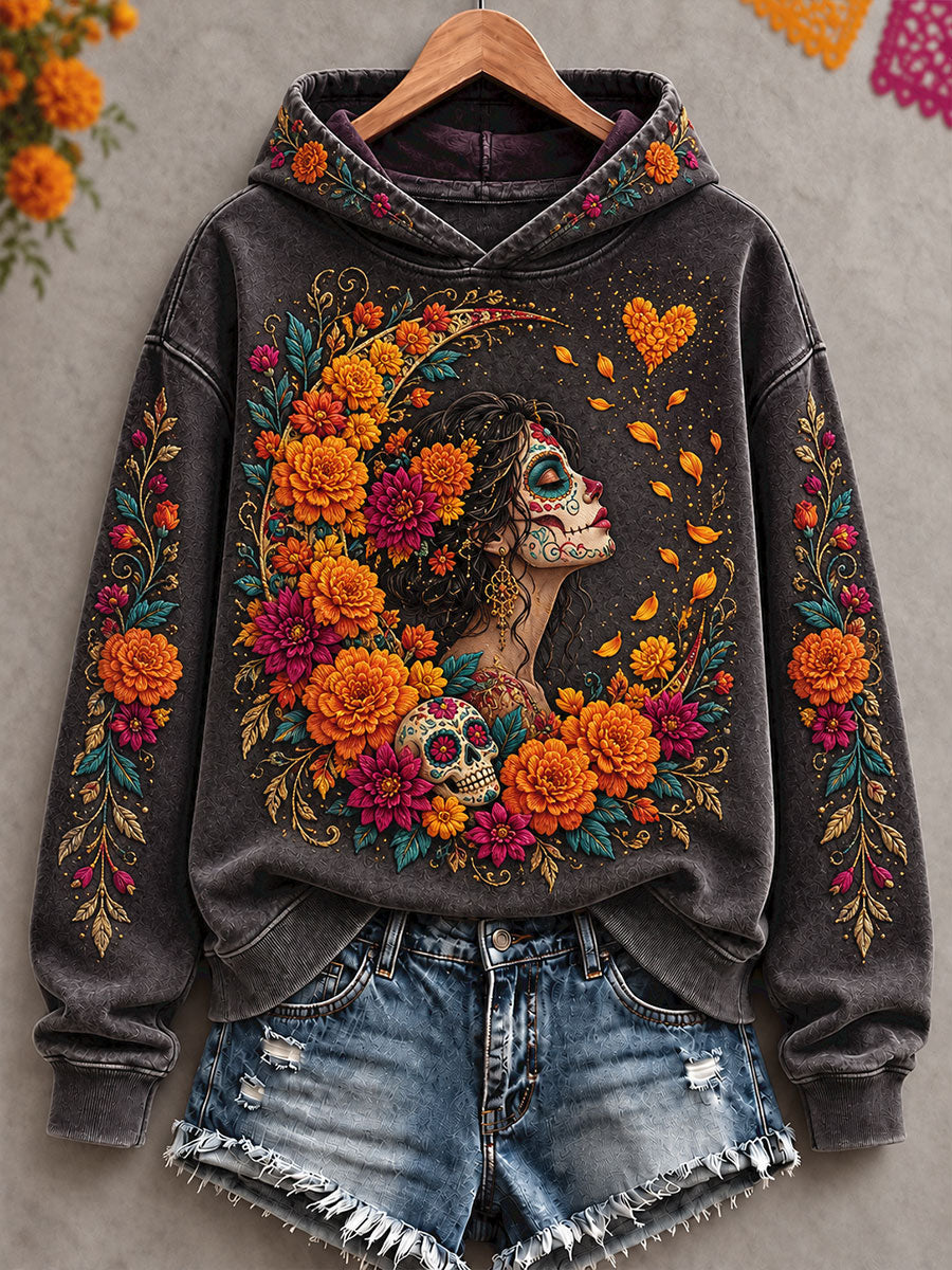 Sudadera estampada con diseño floral del Día de los Muertos mexicano para mujer
