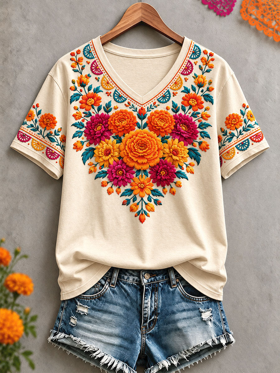 Camiseta estampada con diseño floral del Día de los Muertos mexicano para mujer