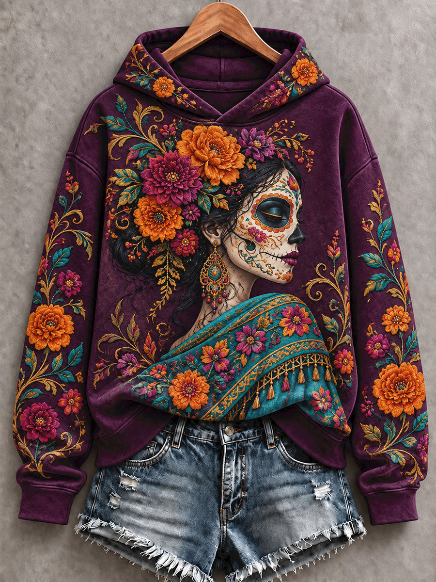 Sudadera estampada con diseño floral del Día de los Muertos mexicano para mujer