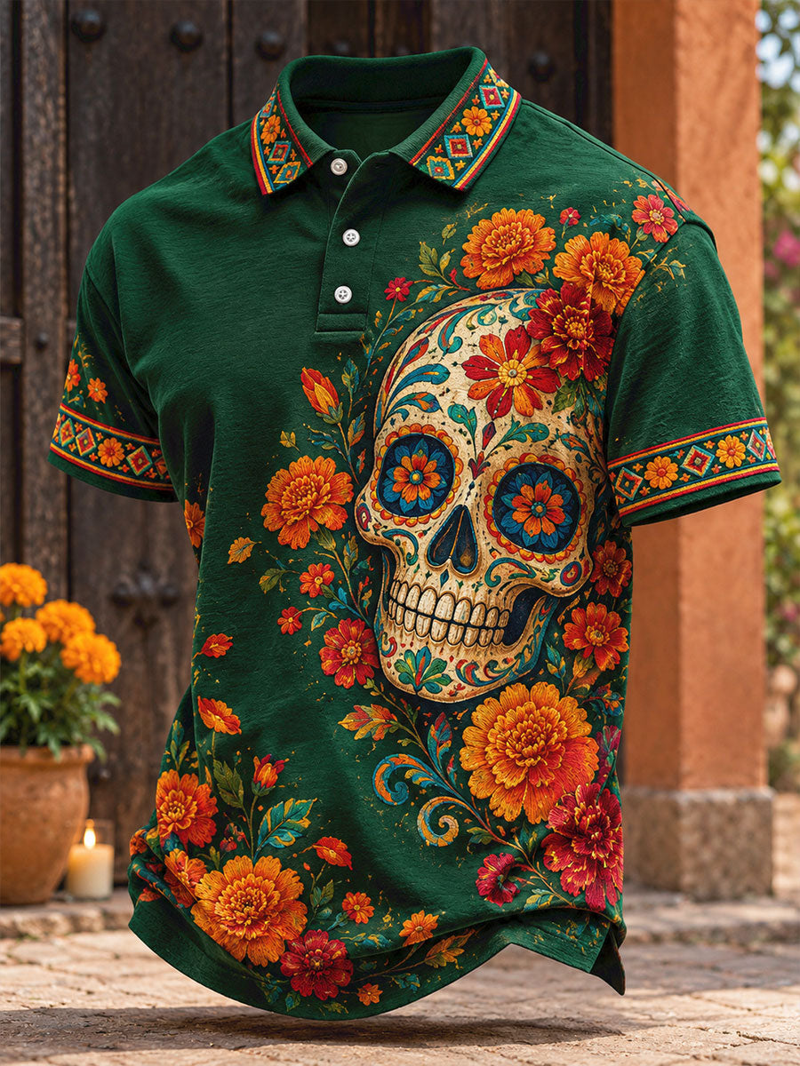 Camisetas casuales para hombre con estampado floral del Día de los Muertos mexicano