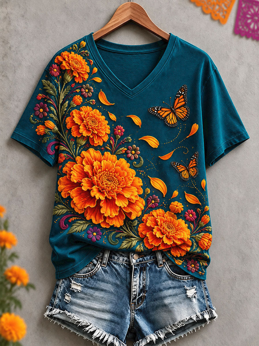 Camiseta estampada con diseño floral del Día de los Muertos mexicano para mujer