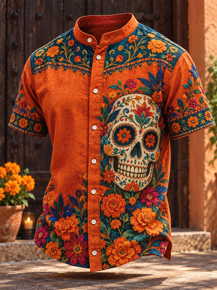 Camisa estampada con diseño floral del Día de los Muertos mexicano para hombre