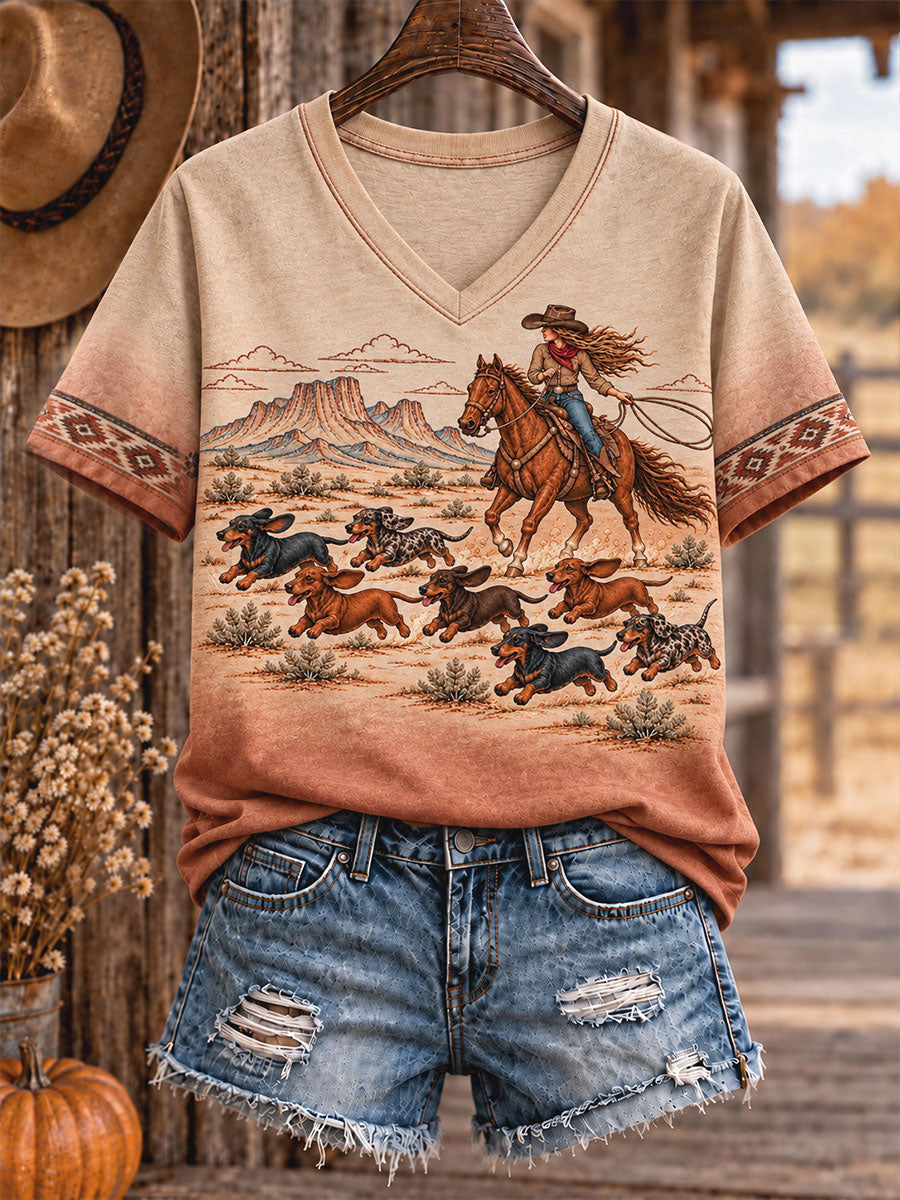 Camiseta con estampado artístico para amantes de los perros, estilo occidental retro para mujer