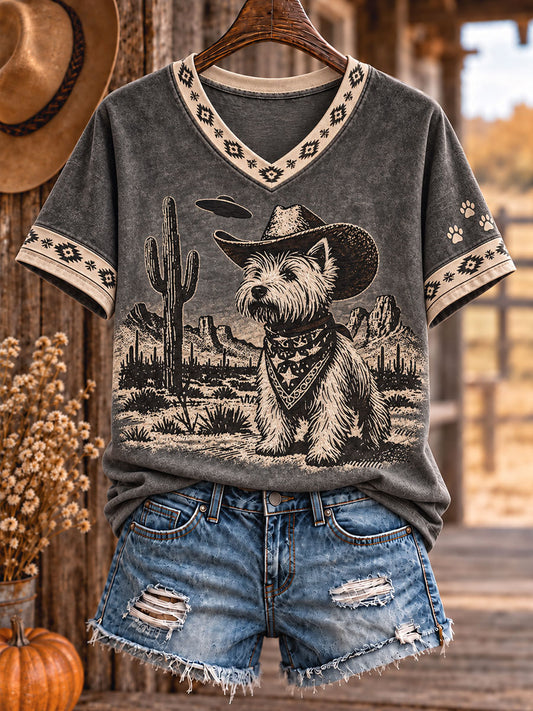 Camiseta con estampado artístico para amantes de los perros, estilo occidental retro para mujer