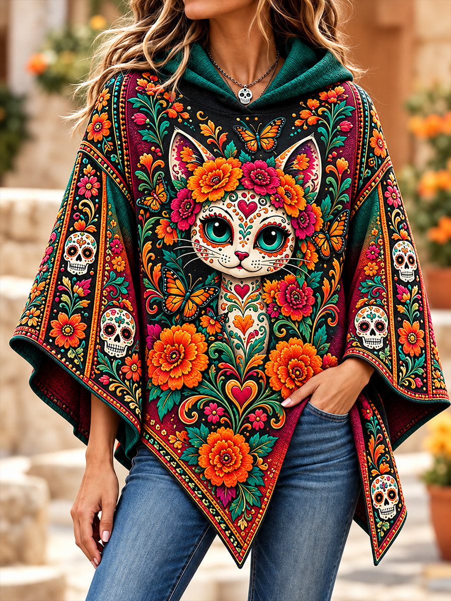 Suéter tipo capa con diseño del Día de los Muertos de México para mujer