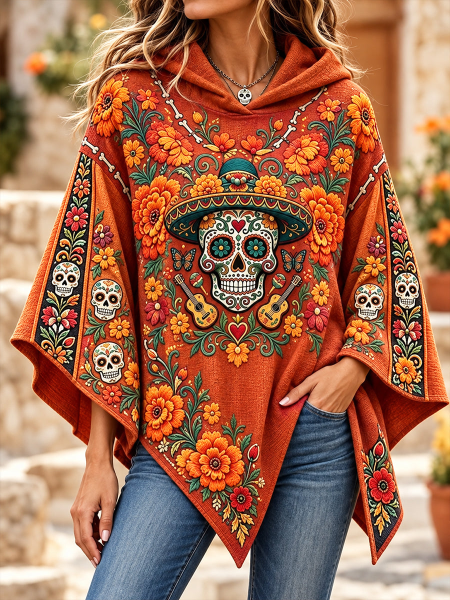 Suéter tipo capa con diseño del Día de los Muertos de México para mujer