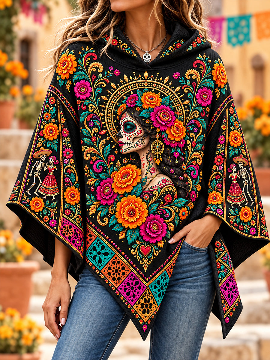 Suéter tipo capa con diseño del Día de los Muertos de México para mujer