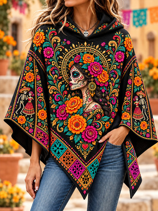 Suéter tipo capa con diseño del Día de los Muertos de México para mujer