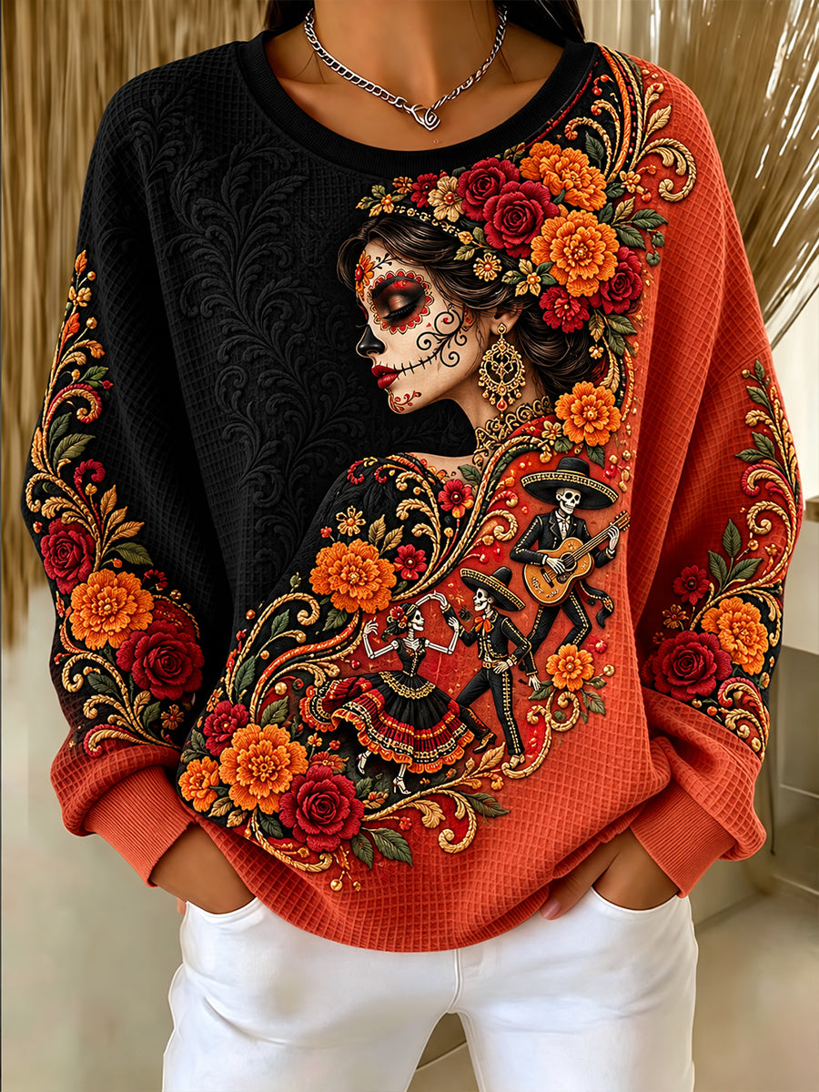 Sudadera de cuello redondo para el Día de Muertos, diseño femenino