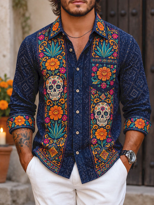 Día de México de los hombres del arte floral muerto impreso camisa de la galleta