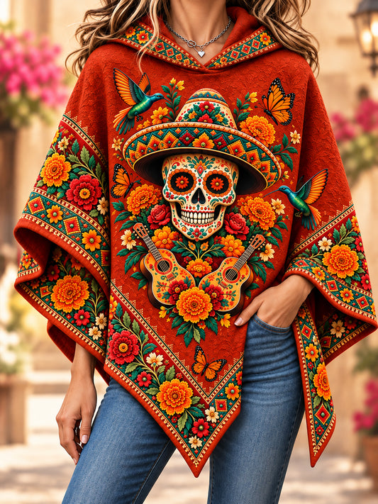 Suéter tipo capa con diseño del Día de los Muertos de México para mujer