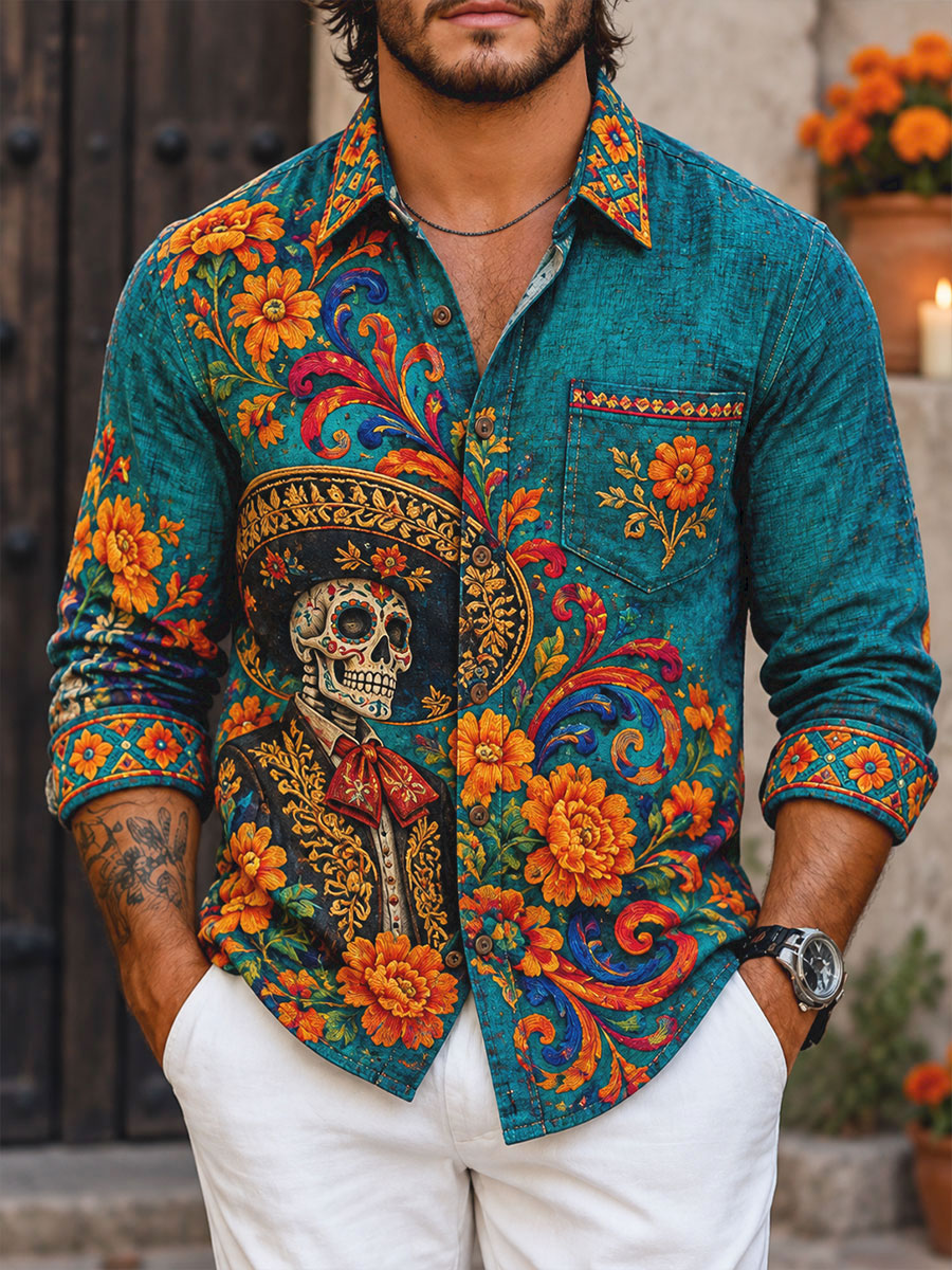 Camisa de waffle estampada con diseño floral del Día de los Muertos mexicano para hombre