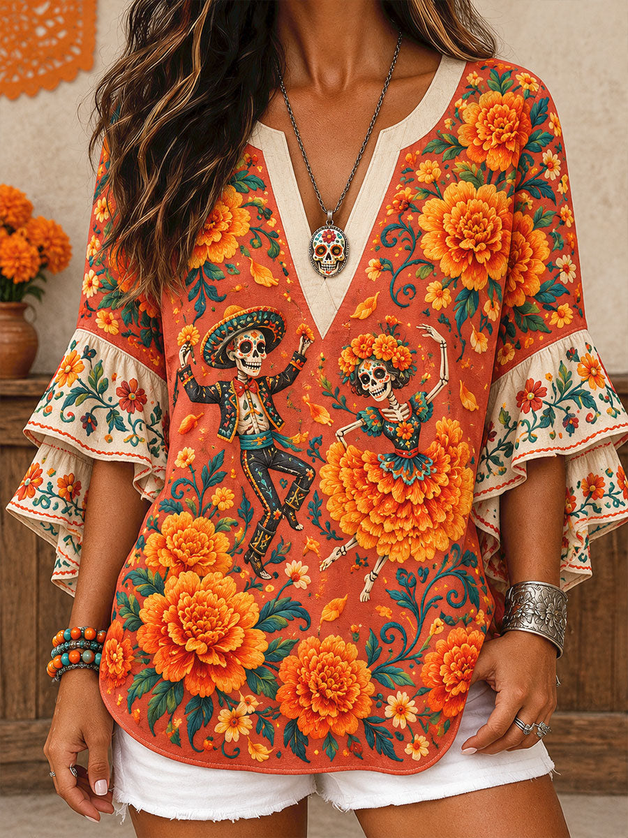 Camisetas estampadas con diseño floral del Día de los Muertos mexicano para mujer
