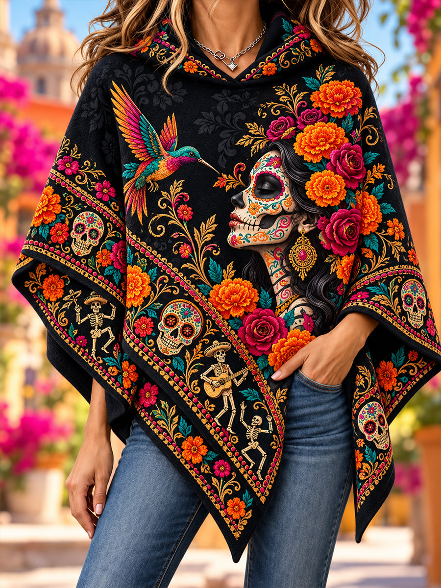 Suéter tipo capa con diseño del Día de los Muertos de México para mujer