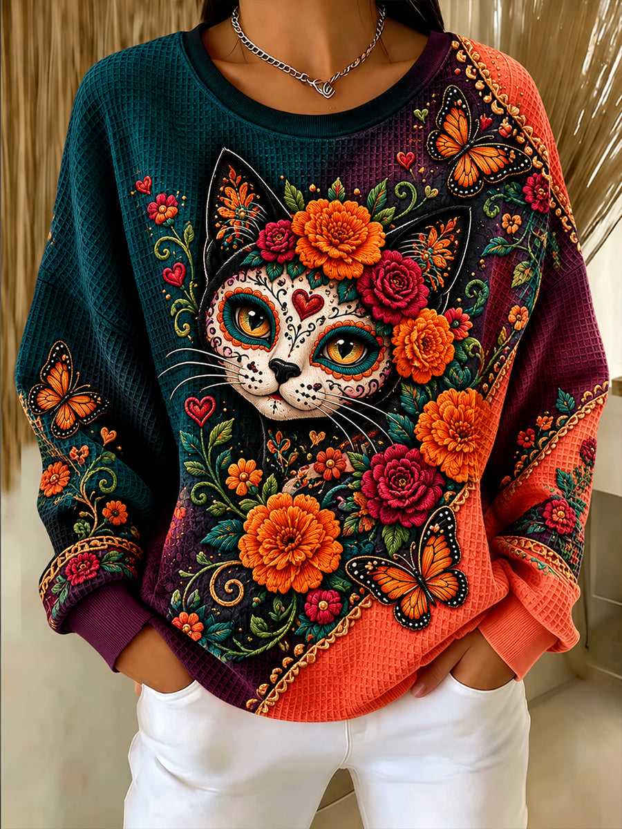 Sudadera de cuello redondo para el Día de Muertos, diseño femenino