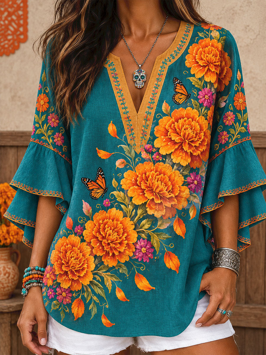 Camisetas estampadas con diseño floral del Día de los Muertos mexicano para mujer