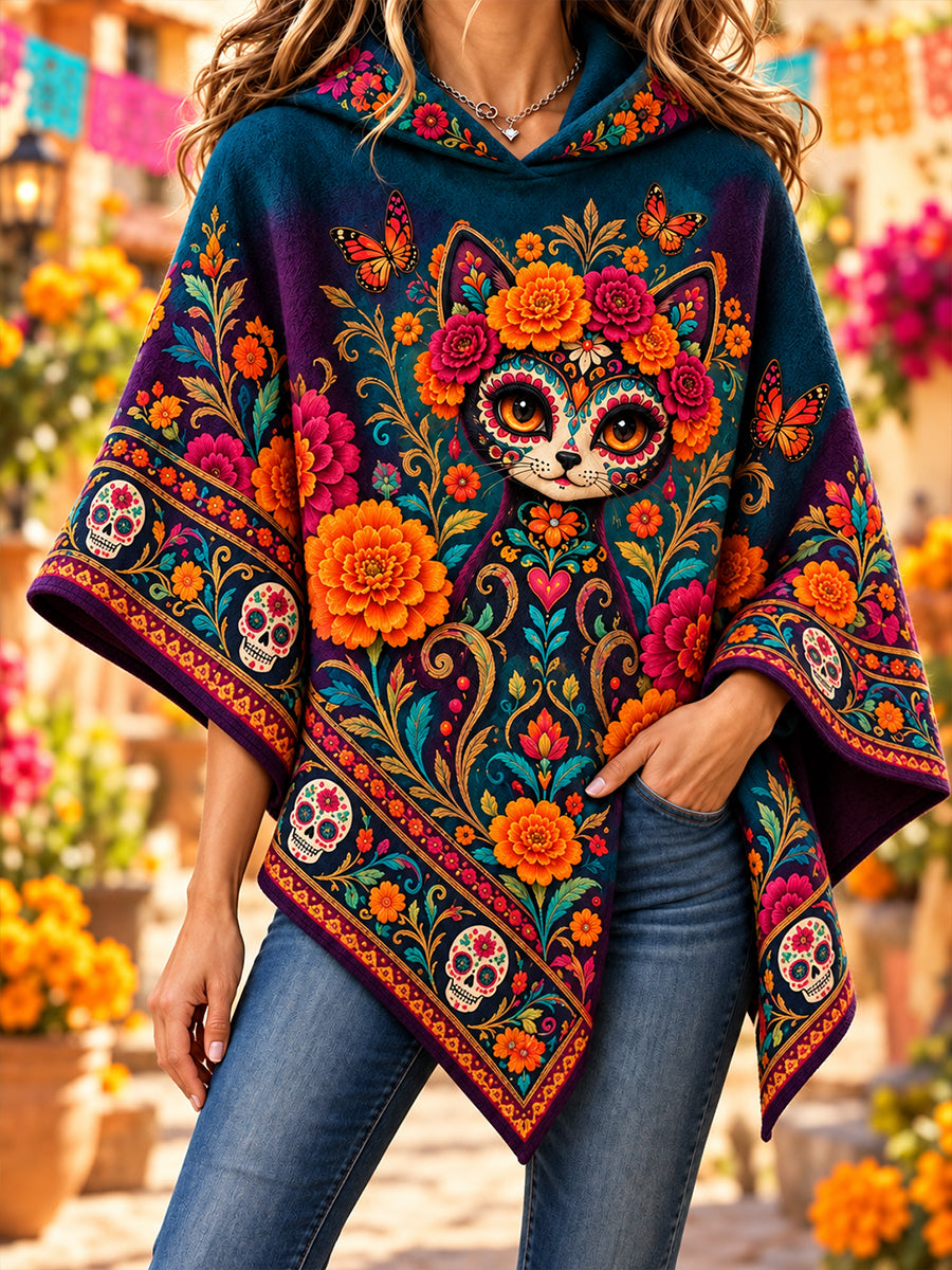 Suéter tipo capa con diseño del Día de los Muertos de México para mujer