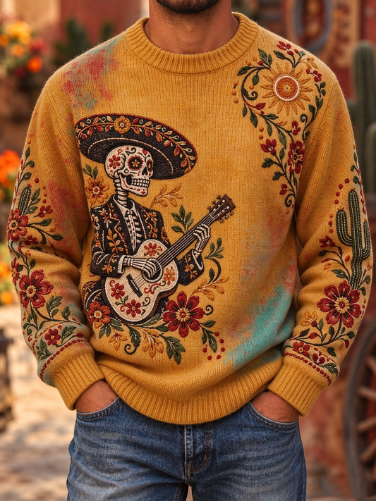 Sudadera de imitación para hombre con estampado floral del Día de los Muertos mexicano