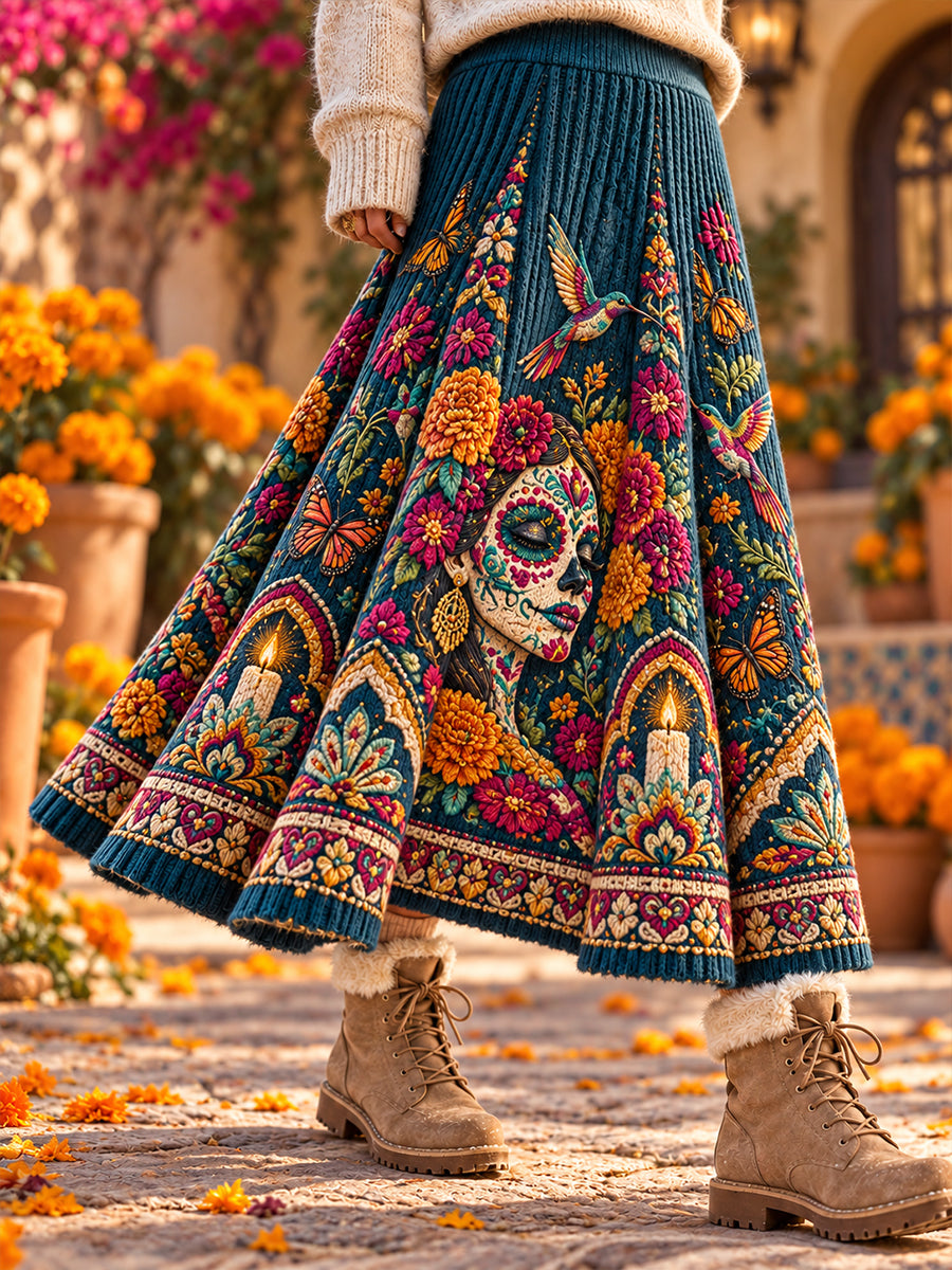 Falda larga por encima de la rodilla con diseño mexicano del Día de los Muertos para mujer