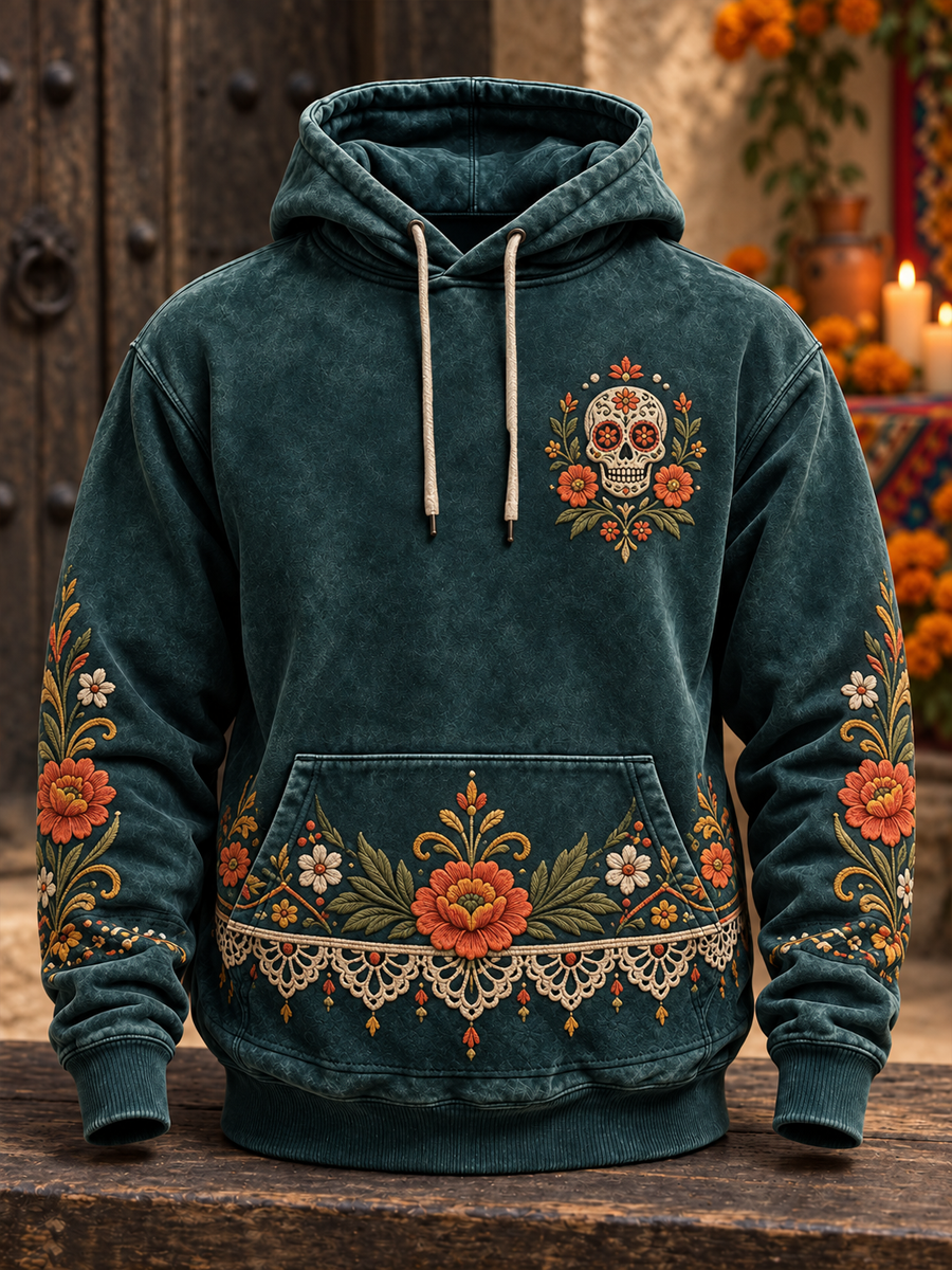Día de México de los hombres del arte floral muerto impreso sudadera con capucha con bolsillos