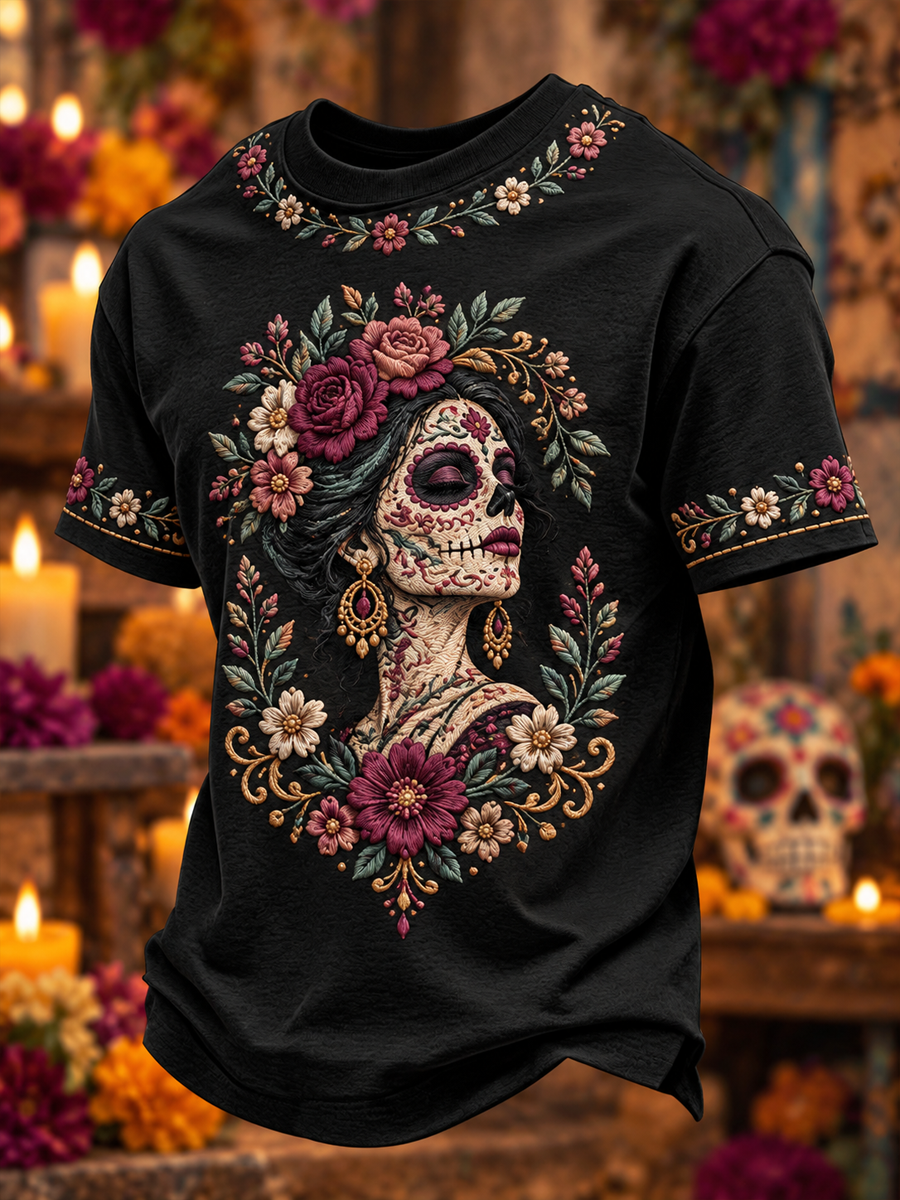 Camiseta de manga corta para hombre con estampado floral del Día de los Muertos mexicano