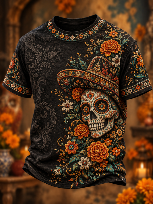 Camiseta de manga corta para hombre con estampado floral del Día de los Muertos mexicano