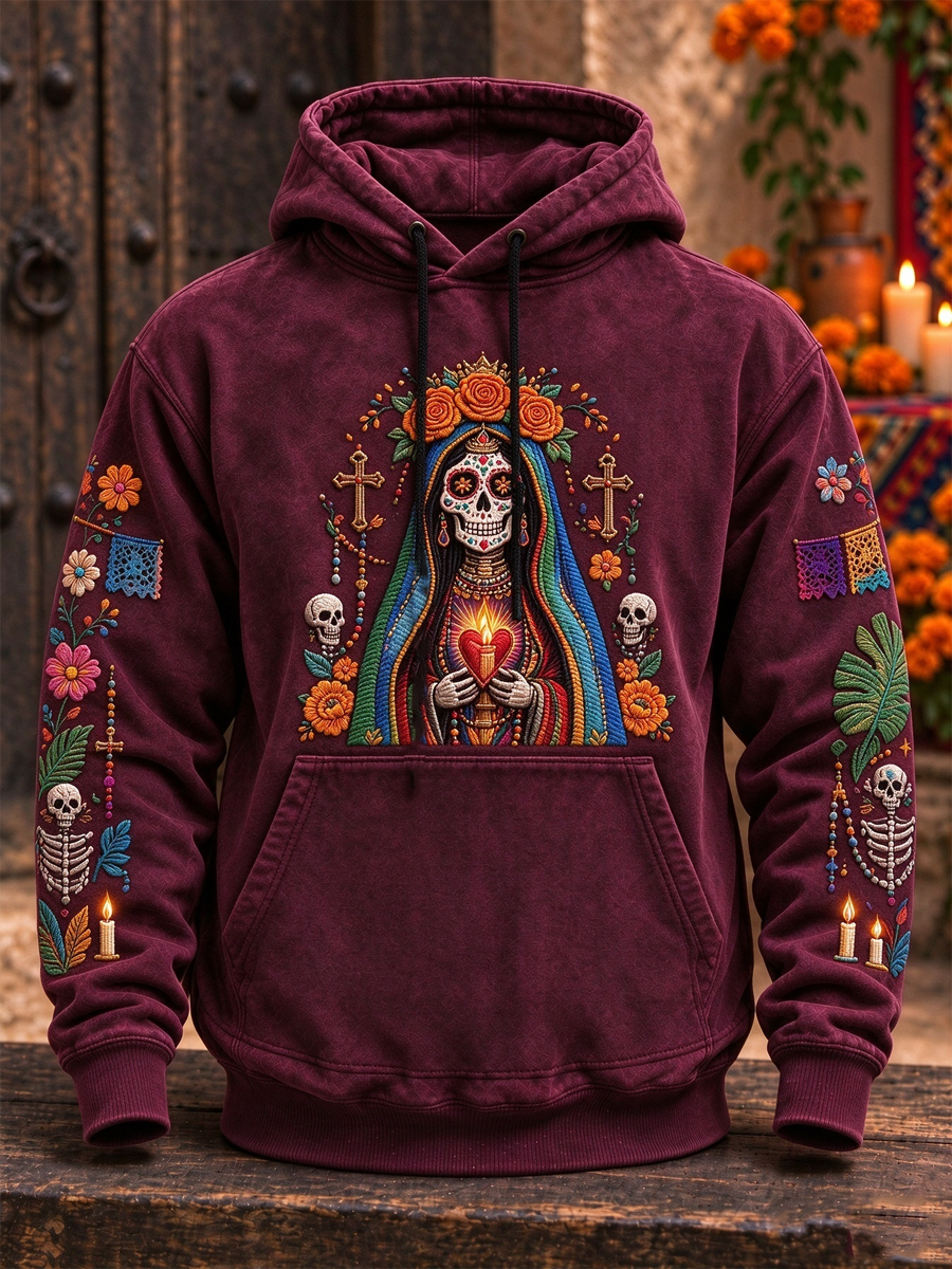 Sudadera con capucha para hombre de México, diseño floral del Día de los Muertos, estampada y con bolsillos