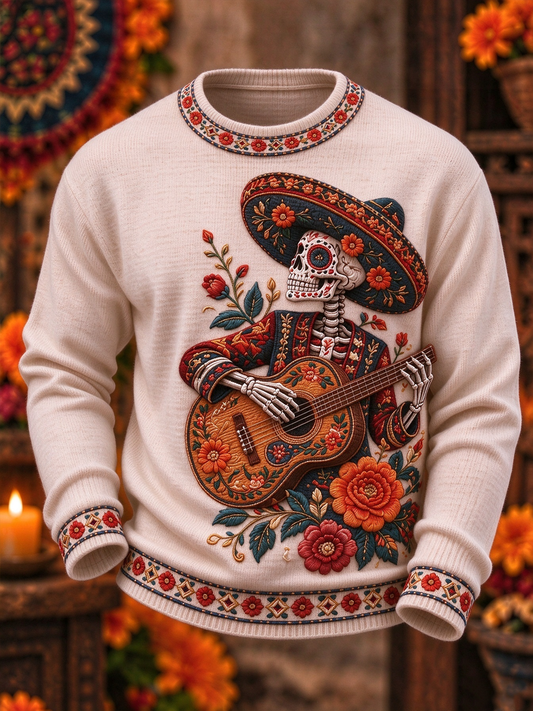Sudadera de imitación para hombre con estampado floral del Día de los Muertos mexicano